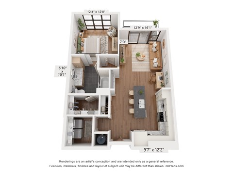 Floor plan for 1 bed, 1 bath, 797 sqft